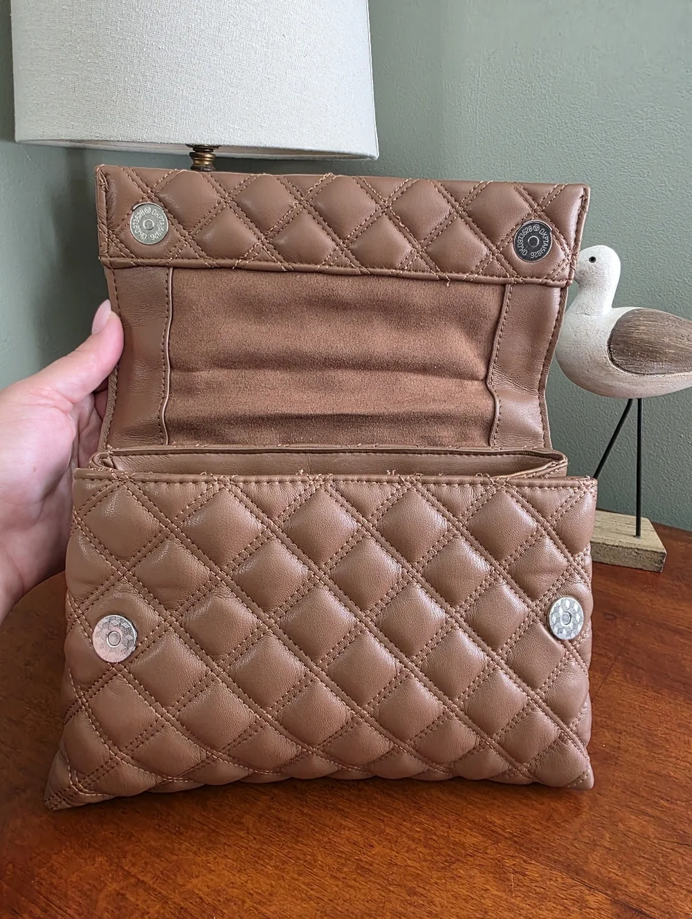 Steve Madden Quilted Chain Flap Crossbody Shoulder Bag Camel Taupe